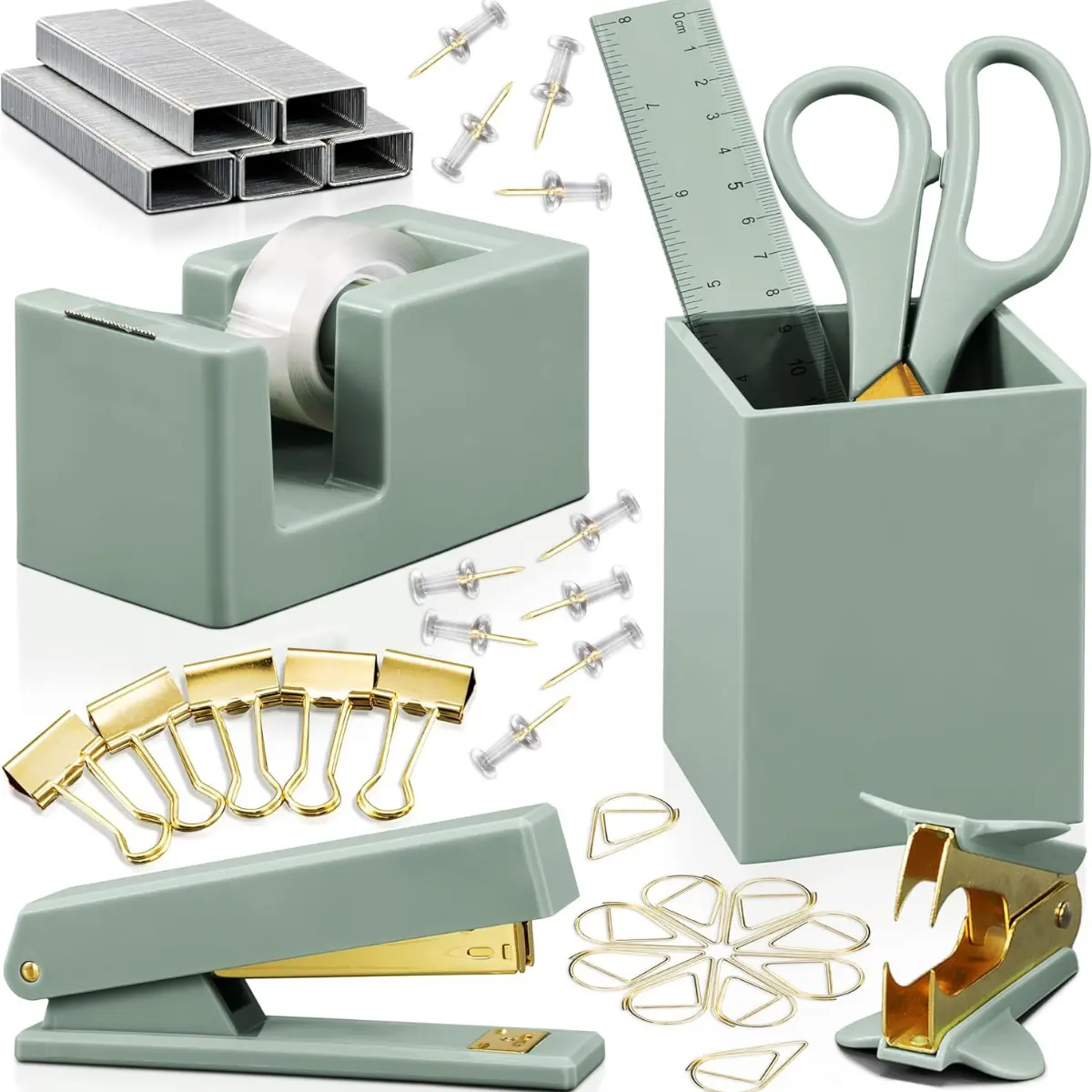 Aesthetic Women's Desk Accessories Set - Complete Desktop Organizer Kit with Gold Finish, Office Supplies incl. Pen Holder, Scissors, Stapler, Tape Dispenser & More for Office Decor Enhancement