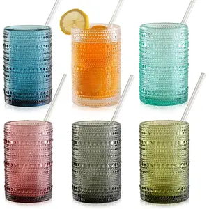 15oz Colored Hobnail Drinking Glasses Set of 6,Vintage Kitchen Glassware,Embossed Beaded Glass Cups,Water Tumbler for ,Juice and Various Mixed Drinks