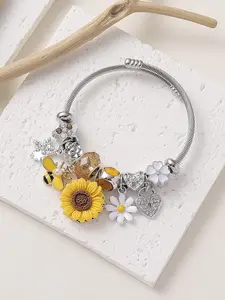 Flower & Star & Lock & Key Design Bracelet, Stainless Steel Bracelets, Rhinestone Decorated Bracelet, Elegant Jewelry Bracelet, Heart Charm Bracelet for Women & Girls, Elegant All-match Fashion Accessories for Daily Wear