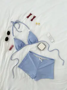 KULANI Women's Sweet Plaid Textured Triangle Cup Halter Neck & Hipster Bikini Set For Summer Beach Vacation