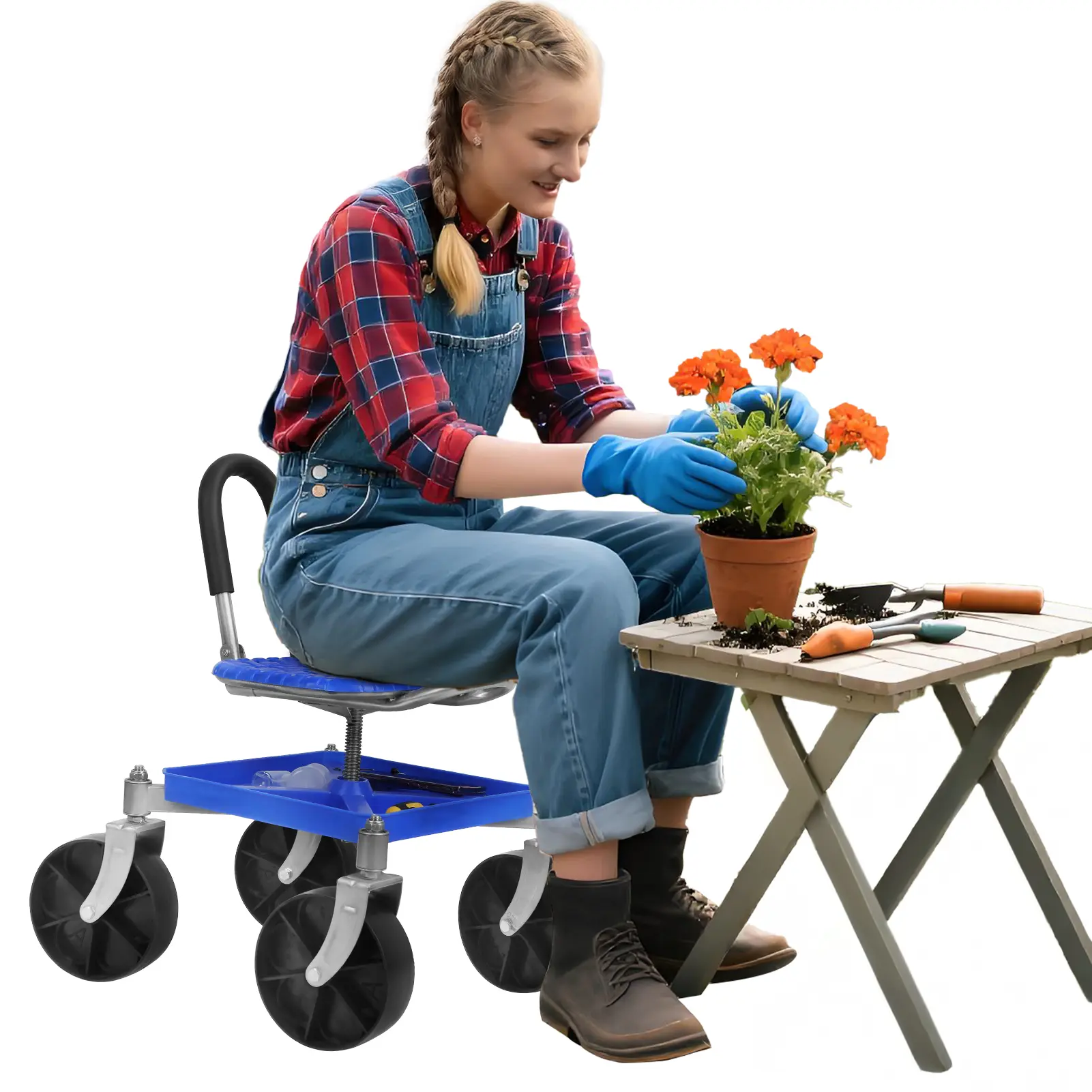 Gardening Rolling Seat, Height Adjustable Rolling Garden Cart, 360 Degree Swivel Gardening Stool with Tool Tray, Rolling Work Seat for Gardeners Elderly Seniors