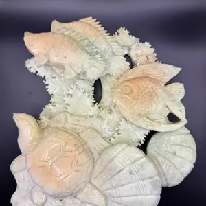 Natural Jadeite/Nephrite Ocean Life Carving – 3.07 kg  Hand-Carved Turtle, Koi Fish & Coral Reef Sculpture  Natural Crystal • Metaphysical Healing • High-Energy Decor