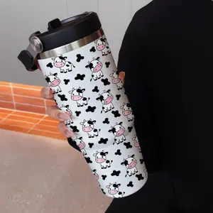 30oz Handheld Insulated Cup Tumbler with Cow Print, Large Capacity Water Bottle with Straw, Stainless Steel Coffee Mug for Sports Outdoor Home Travel Gift