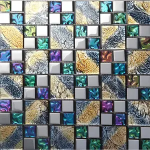 Multicolor Glass Tile Versailles Pattern Glossy Crystal Glass Mosaic Kitchen Backsplash Decor Sticker