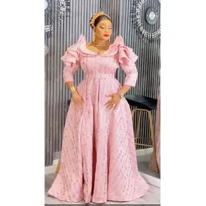 Pink Flutter Sleeve Pleated A-Line Brocade Maxi Gown for Wedding Guest Mother of The Bride Formal Evening Gown Dinner Birthday Party Photoshoot Gala Anniversary Cocktail Holiday Christmas Reception