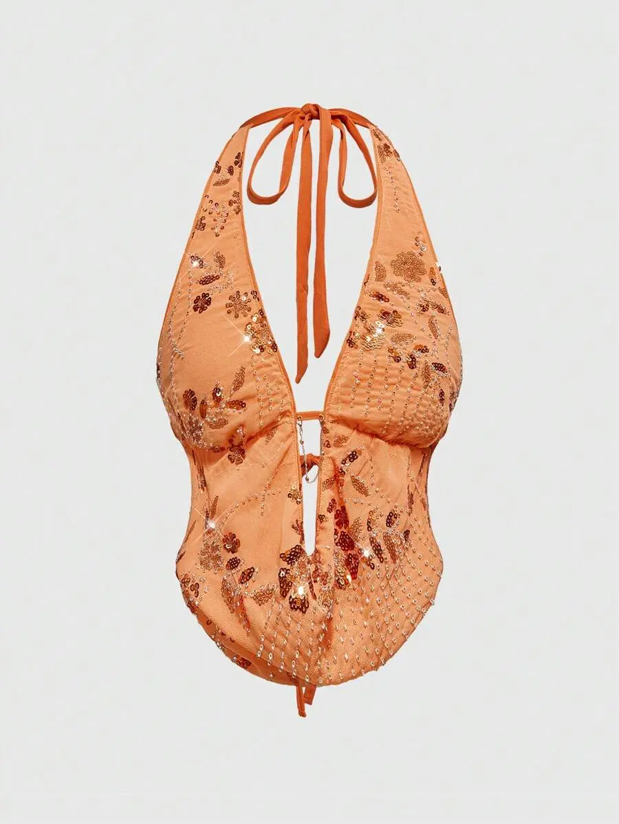 Heavily Embellished Beaded & Embroidered Backless Draped Neck Camisole Top for Holiday, Sexy
