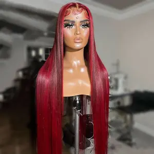 13x6 Natural Straight Ombre Red Human Hair Wigs Transparent Lace Frontal 200 Density Wig Pre Plucked for Women Burgundy highlights Lace Front Brazilian Hair