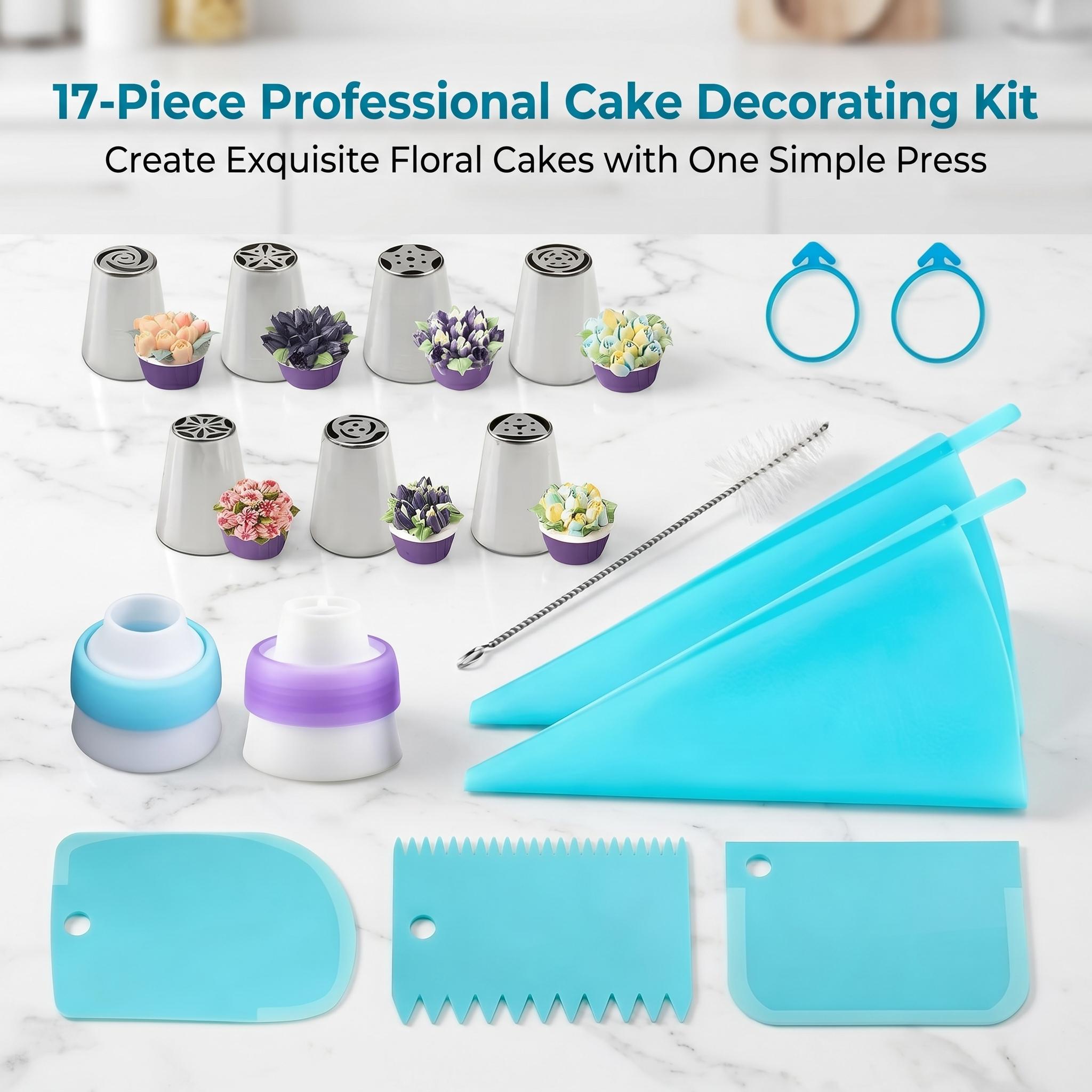 17 Pcs Cake Decorating Supplies Kit with Stainless Steel Icing Tips, Reusable Silicone Piping Bags, Scrapers & Couplers - Baking Tools for Cakes, Cupcakes & Cookies 17 Pcs Cake Decorating Supplies Kit with Stainless Steel Icing Tips, Reusable Silicone Piping Bags, Scrapers & Couplers - Baking Tools for Cakes, Cupcakes & Cookies