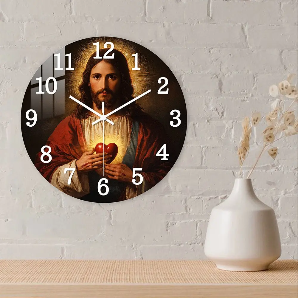 Acrylic Wall Clock, Religious Theme Jesus Holding Heart, Silent Mechanism, Ideal for Living Room Bedroom Decor, Christian Love Symbol Gift