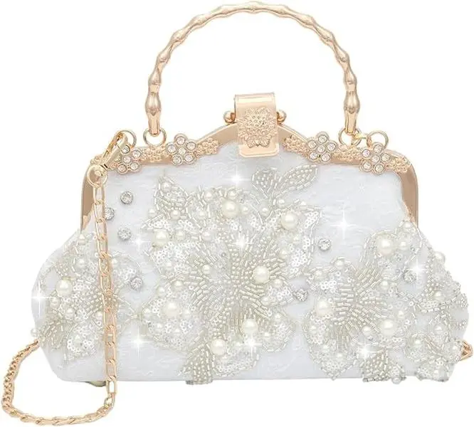 Bwinka Embellished Lightweight Women's Clutch Crossbody & Shoulder Bag, Retro Chinese Style Silk Evening Bag with Embroidered Relief Flower, Kisslock Closure, Clutch Women's Crossbody & Shoulder Bags