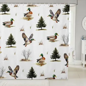 Mallard Duck Hunting Shower Curtain,Woodland Tree Branches Bathroom Shower Curtain Sets,Flying Duck Wildlife Safari Animal Bath Curtain