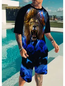 Men's fashionable casual sportswear set Lion print crew neck T-shirt and drawstring shorts set. Comfortable, versatile, and suitable for outdoor activities.