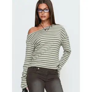 Lenorah Off Shoulder Long Sleeve Top Grey Stripe
