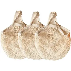 Ecology  Cotton Mesh Grocery Bags Cotton String Bag Net Shopping Mesh Bags Pack of 3 (Beige)