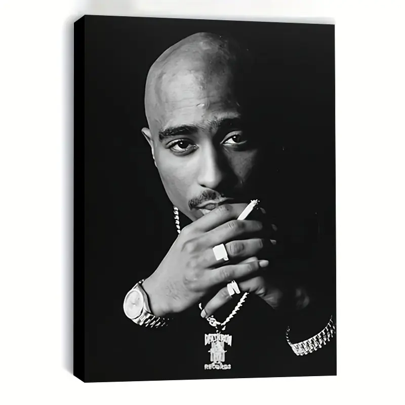 11.8x17.7 In Wooden Framed Canvas Photo Print - Classic Black-White 2Pac Rapper Portrait, Hands Folded on Chin, Multiple Necklaces-Rings-Watch, Side Deep Gaze, Home Decor Decoration for Trendy Studio Walls