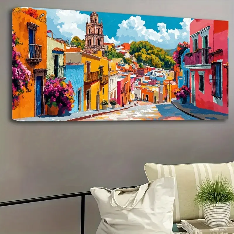 Artistic Mexican Village Street Scene Canvas Wall Art - Colorful, Solid Wood Frame, Ready to Hang, Indoor Mexican Home Decoration for Living Room, Bedroom, Poster Print with Room Aesthetic