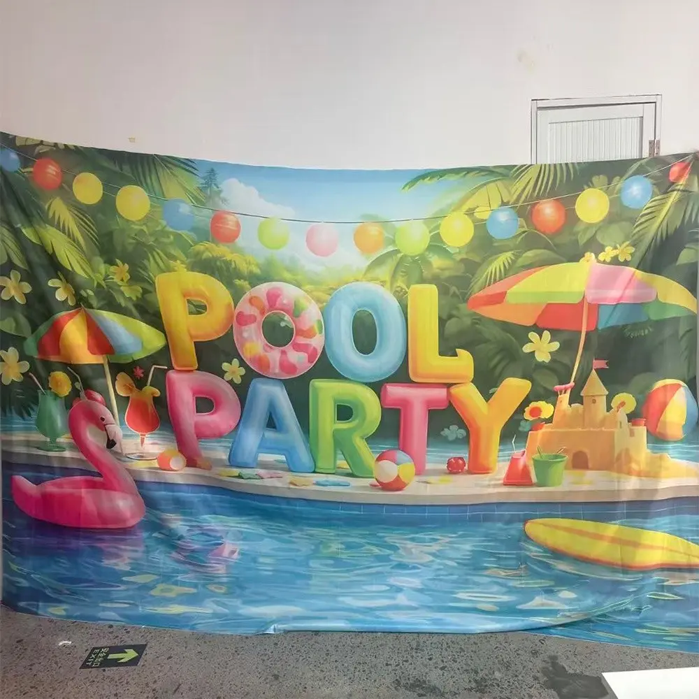 2D Flat 1PC Polyester Decorative Banner, Pool Party Theme "POOL PARTY" Design, Inflatable Flamingo, Colorful Umbrella & Tropical Greenery Elements, Vibrant Summer Style, Ideal for Pool Party, Summer Gathering, Outdoor Beach Event, Indoor Outdoor Decor,