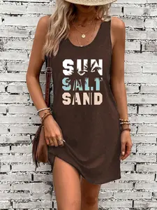 Women's Sun Salt Sand Print Round Neck Tank Dress, Bodycon Smooth Dress, Casual Sleeveless Short Dress for Beach Holiday Vacation, Ladies Clothes for All Seasons