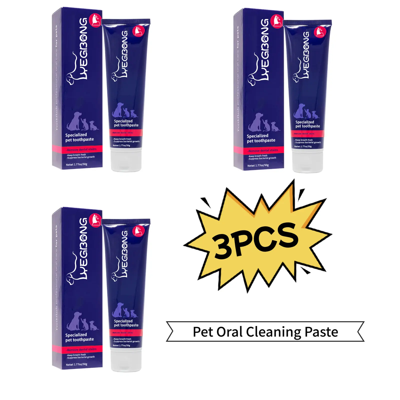 Yegbong 3-Pack 50g Pet Toothpaste with Finger Brush for Cats & Dogs, Oral Care Paste for Gum Health, Odor Removal, Tartar & Stain Removal, Teeth Whitening