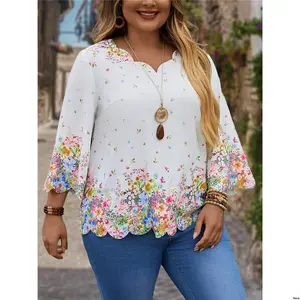 Day Summer Blouse Sleeve - Hem Rounded Women ROSE EMERY Plus Size s Floral Print Round Neckline Nine Quarter For Mother