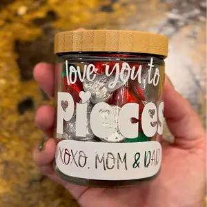 Personalized Love You to Pieces Candy Jar Container Valentines Day Gift for Kids Teachers - Custom Gift with Name - Glass Jar with Bamboo Lid - Heart Basket Gift Bottles Canister Organiser