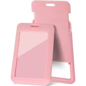 2 Pcs Sliding Vertical ID Badge Holder with Clear Badge Protectors, and Lightweight Hard Plastic Card Holders, Durable and Easy Access Design for ID Badges, Name Tags, and Access Cards, Pink