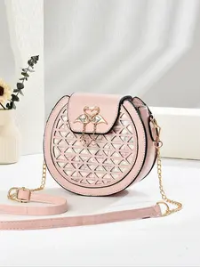 New Spring Summer Fashion Korean Style Printed Small Round Crossbody Bag with Chain Strap, Trendy Wide Belt Design, Casual Shoulder Bag