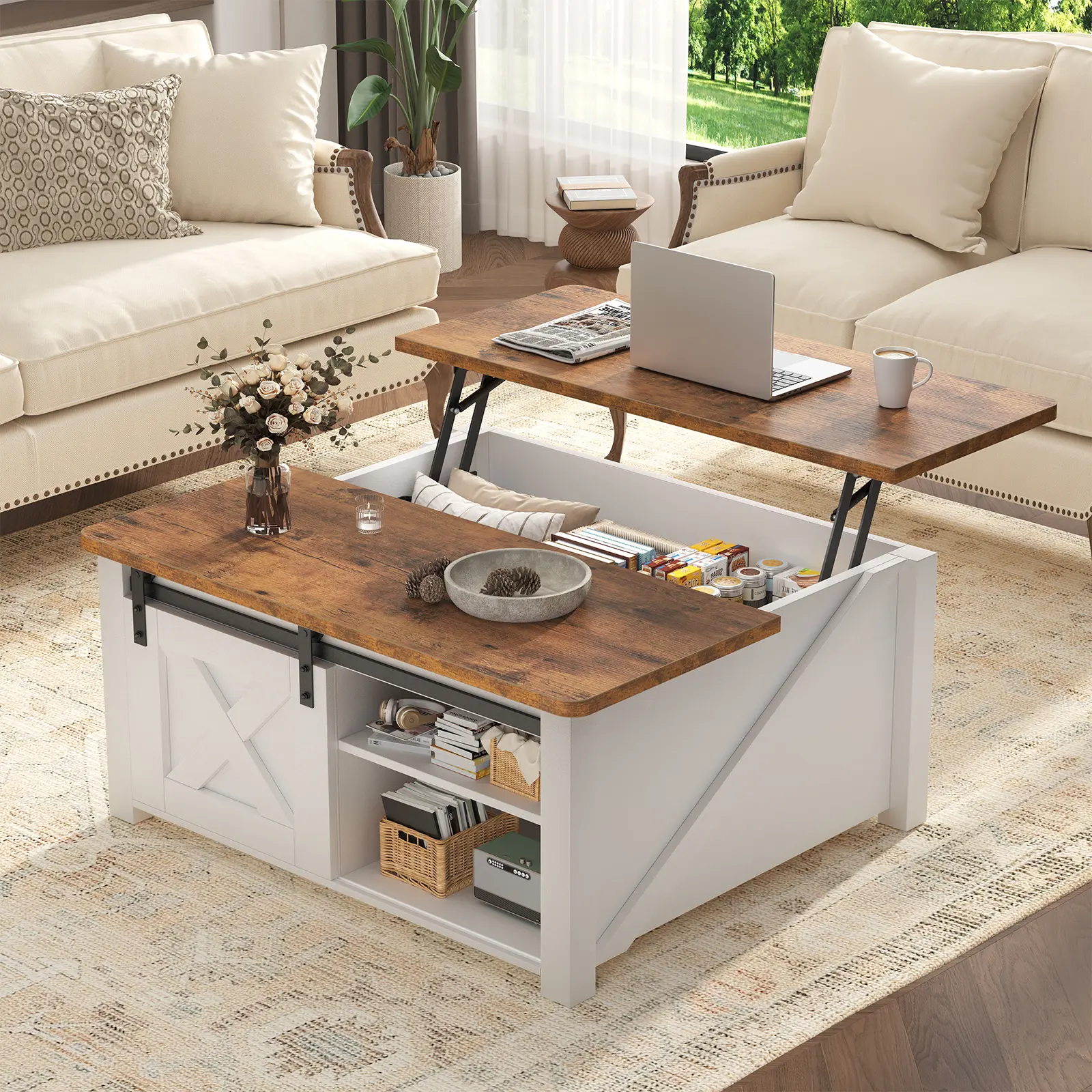 Modern Lift Top Coffee Table with Hidden Storage & Adjustable Shelves, Square Farmhouse Center Table for Living Room