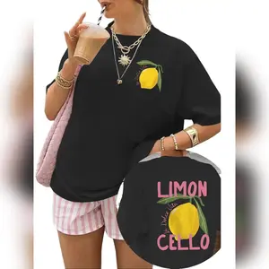Ladies' Lemon Print Round Neck Short-Sleeve Vintage T-Shirt, Casual Streetwear Tee, Relaxed All-Season Everyday Top