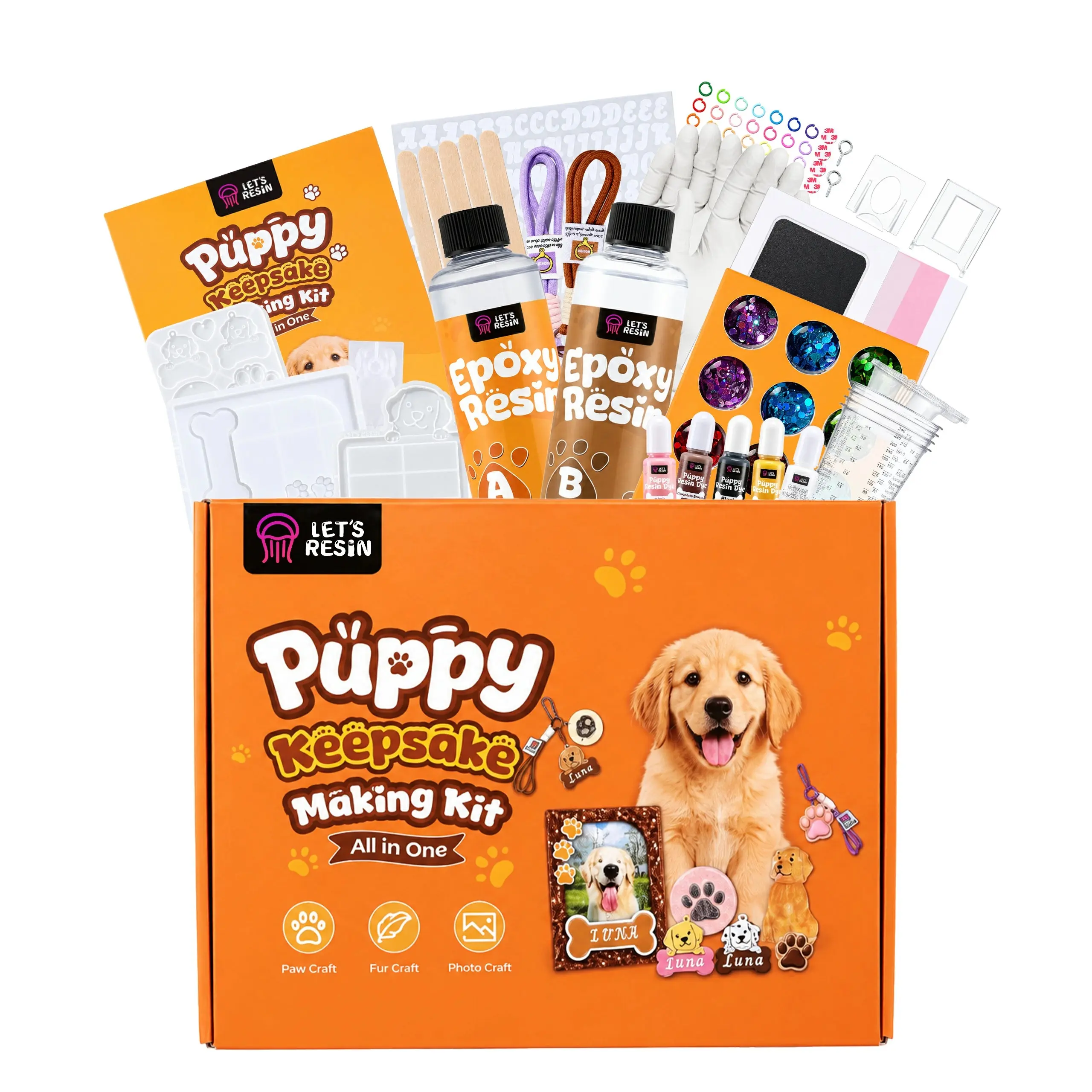 LET'S RESIN Dog Keepsake All-in-1 DIY Kit for Beginners, Pet Memorial Kit for Golden-Labrador Lovers, Preserves Paw Prints, Nose Prints, Photos & Fur, Makes Frames, Keychains, Pet Tags, Fridge Magnets, Dog Accessory Gift for Birthday/Christmas