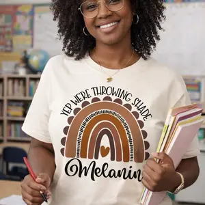 Throwing Shade Short Sleeve Shirt with Rainbow Design and Melanin Text for Women