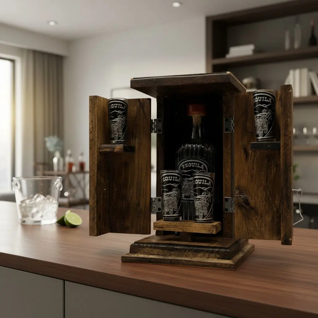 Handmade Shot Glass & Decanter Set | Mexican Rustic Wood Box