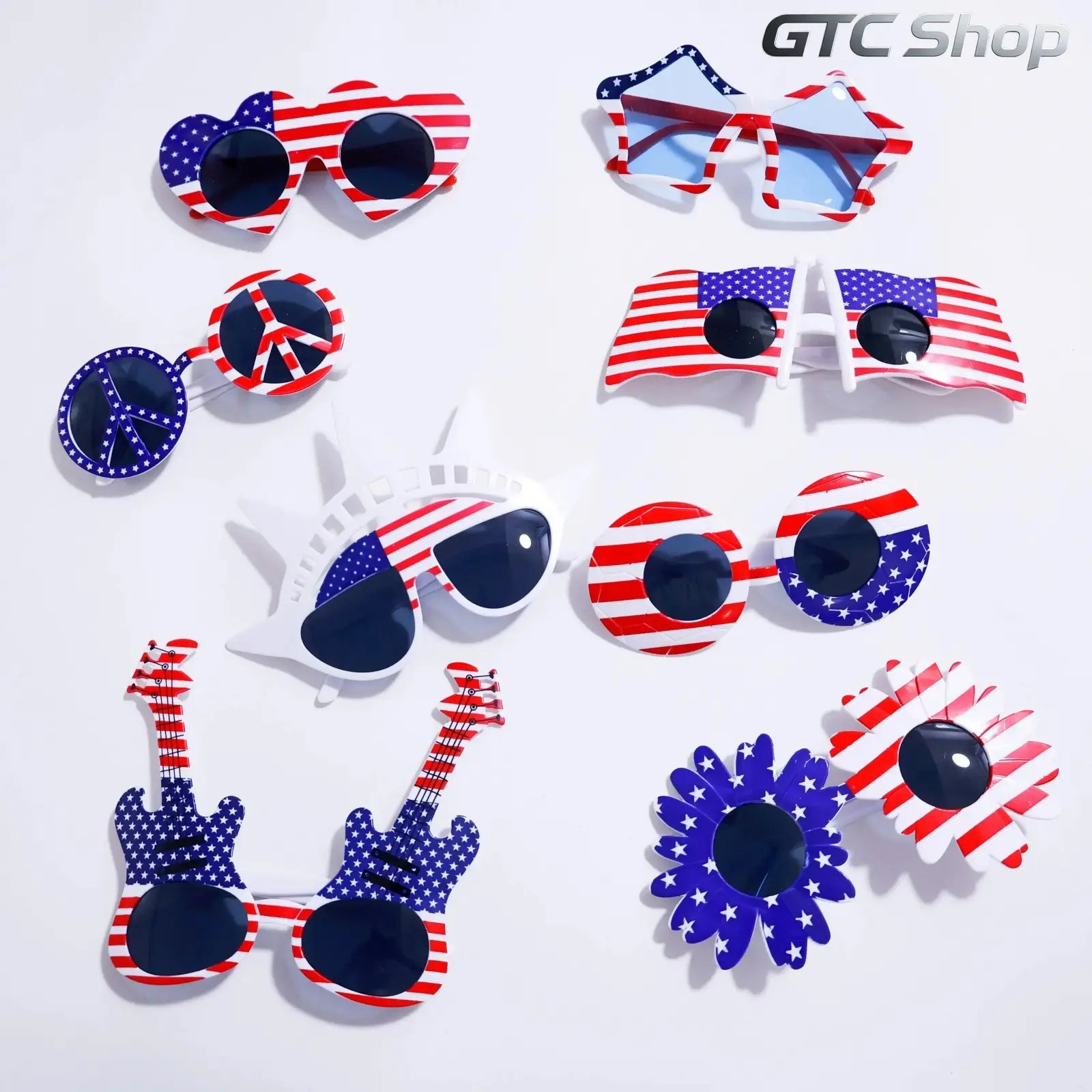 8-Piece July 4th USA Flag Patriotic Glasses Set - Statue of Liberty, Guitar, Daisy, Peace Sign Novelty Eyewear, Independence Day Party Props, Festive Accessories for Celebration Events