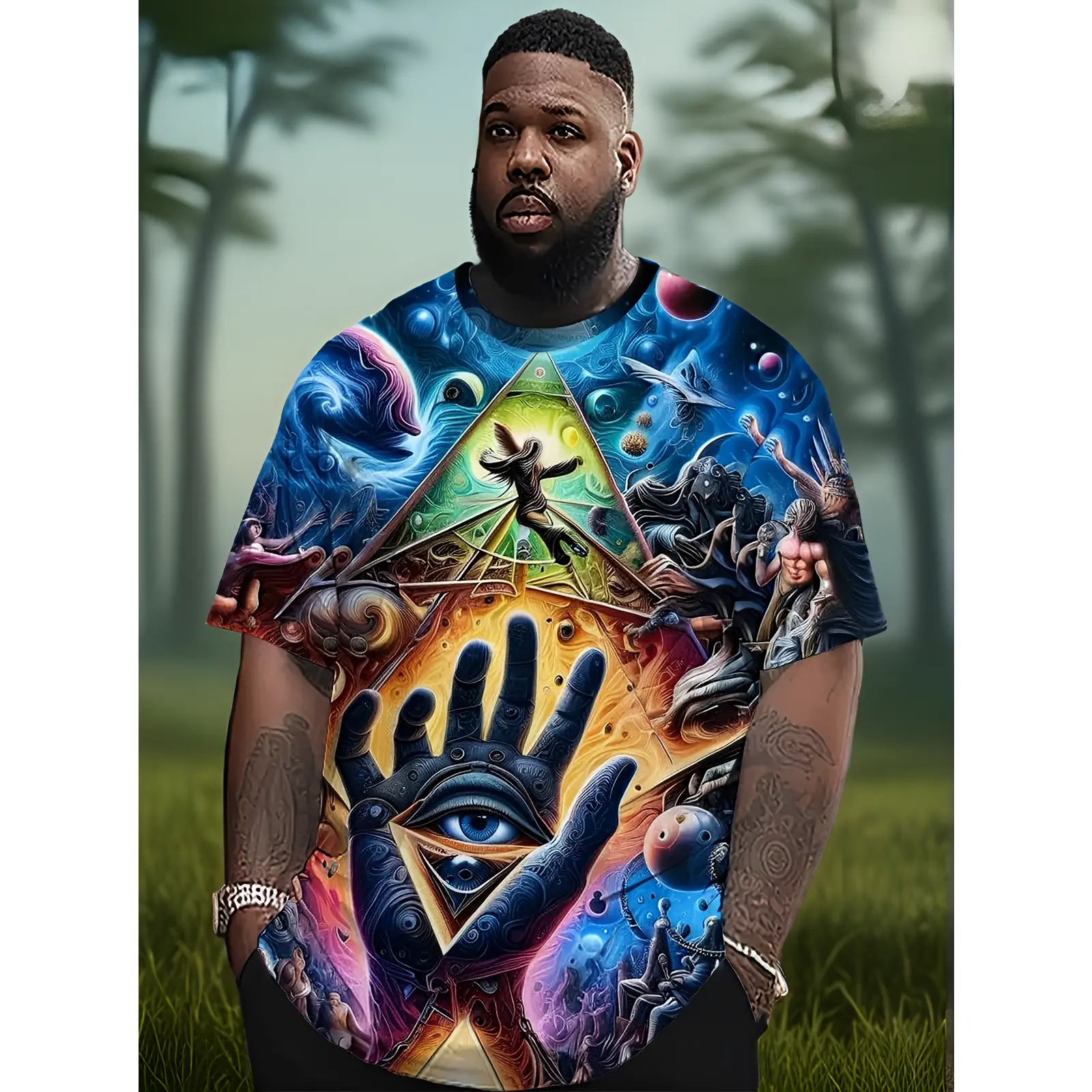 Men'S 3D Full-Print T-Shirt - 3D Holographic Space Design, Featuring All-Seeing Eye, Pyramids, Chakra And Zodiac - Casual Short-Sleeve T-Shirt, Suitable for Mystic Knowledge And Spiritual Themes