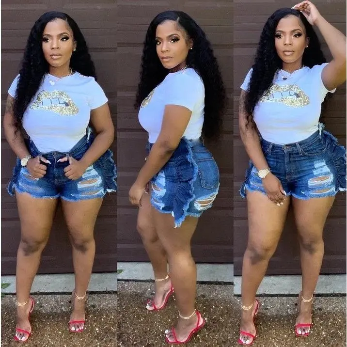 Denim Shorts for Women Plus Size Ruffles Board Blank With Hole