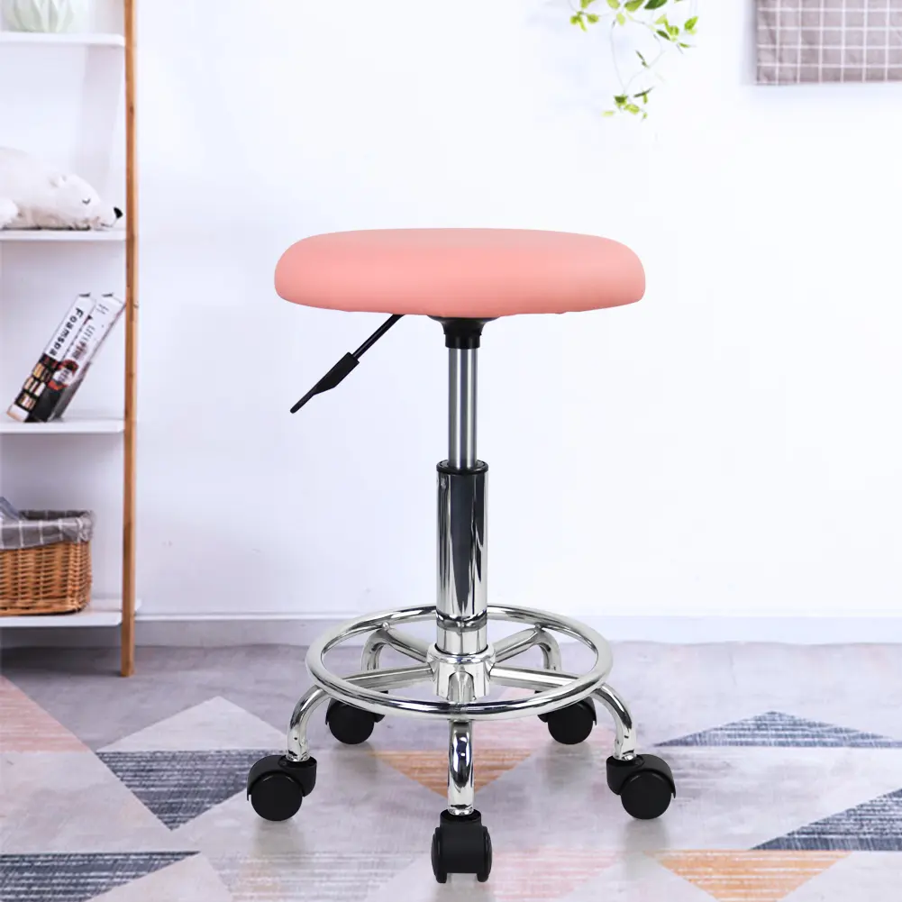 KKTONER Modern Upholstered Portable Stool, Height-Adjustable PU Leather Swivel Rolling Chair with Footrest, Tall Salon Vanity Stool (Pink), Upholstered Stool