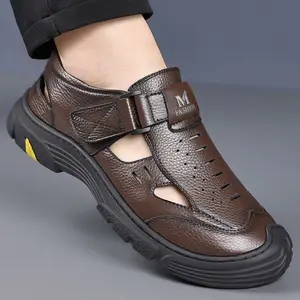 Men'S Summer Casual Closed-Toe Sandals, Breathable Hollow-Out Design, Comfortable Lining, Non-Slip Outsole, Suitable for Daily Wear and Outdoor Activities Footwear Walking Shoes Leather Boy sandals men Nail Cowhide Pedal sandals men Black