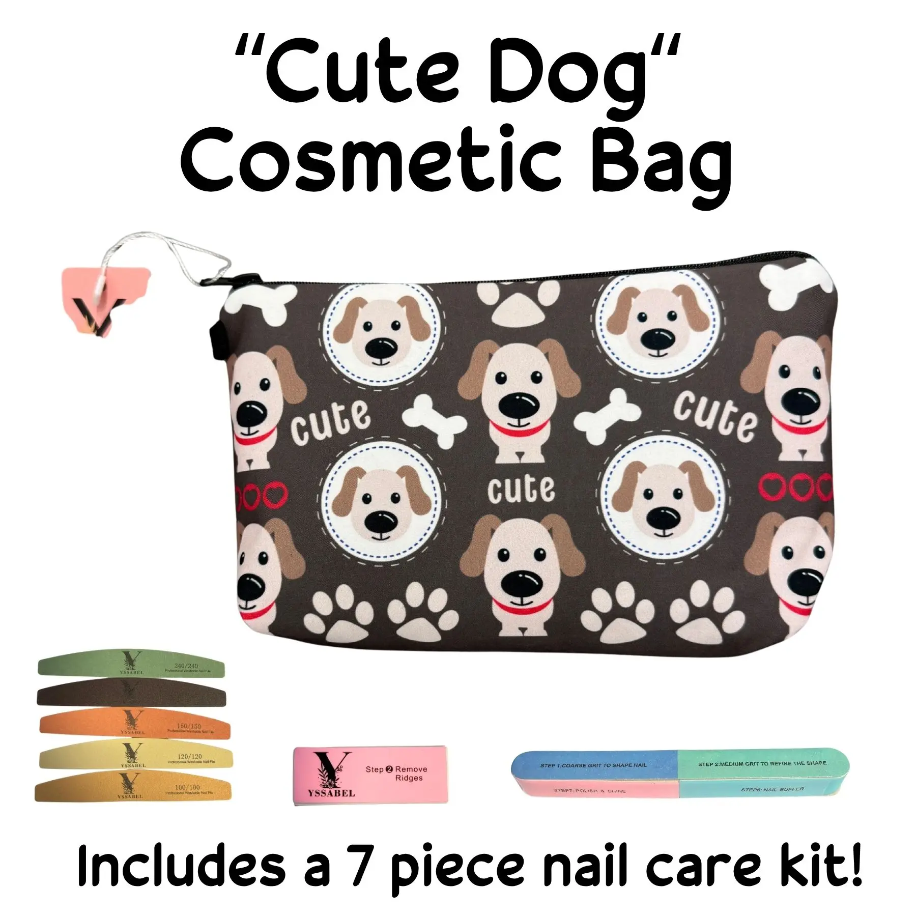 Cute Dog Cosmetic Bag with 7-Piece Nail Care Kit | Cute Travel Makeup Organizer