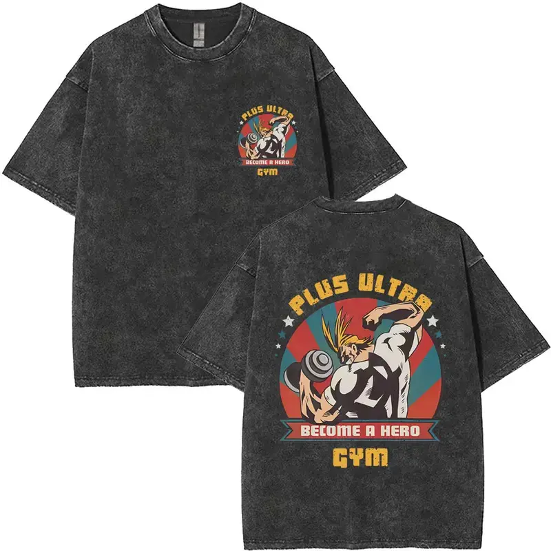 Menswear My Hero Academia All Might Plus Ultra Vintage Washed Streetwear T-Shirt - Classic Comfy Unisex Cotton Shortsleeve Graphic Tee for Fitness Gym, Oversized
