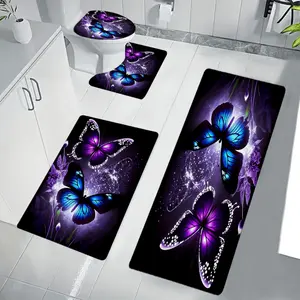 4pcs Purple Butterfly Bathroom Mat Set - Non-Slip, Soft Flannel Floor Mats with Toilet Cover, Machine Washable, Decorative Design for Home and Bathroom Decor, Bathroom Decor And Accessories