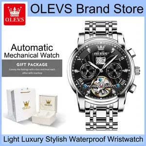 OLEVS 9910 Men's Light Luxury Automatic Mechanical Watch, Layered Skeleton Dial with Rhinestone-encrusted Roman Numerals, Multi-functional Date, Month & Week Display, Luminous Water Resistant Formal Wristwatch, Suitable for Daily and Business Wear