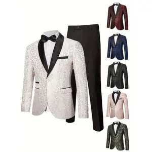 Mens Floral Suit Set Two Piece Blazer Jacket And Pants Set For Wedding Prom Dinner Tuxedo Jacquard Suit Jacket And Pants Menswear Sleeve Collar Rayon Top Viscose Formal Fabric Workwear Clothing Gamis Black