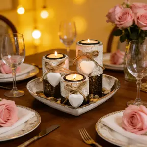 Valentine's Day patchwork color wooden heart-shaped candlestick set, home candle tray decorative handicrafts, Decoration Items