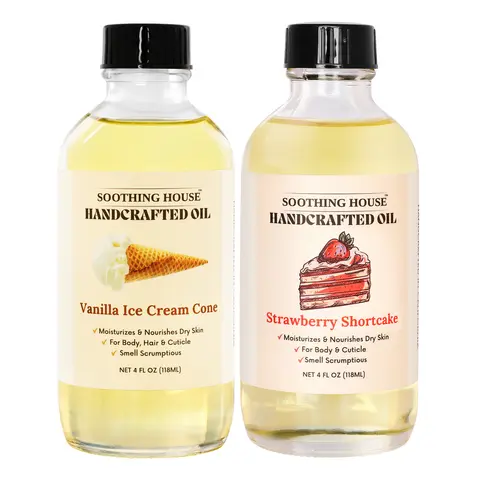 Aesthetic Scented Body Oil Bundle - 4 fl oz Handcrafted Cruelty-Free Bath & Body Care, Strawberry Shortcake & Vanilla Ice Cream Cone Moisturizers, Layering Oils for Dryness Relief, Fast Shipping Cuticle Nourishers