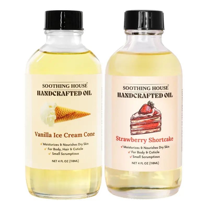 Aesthetic Scented Body Oil Bundle - 4 fl oz Handcrafted Cruelty-Free Bath & Body Care, Strawberry Shortcake & Vanilla Ice Cream Cone Moisturizers, Layering Oils for Dryness Relief, Fast Shipping Cuticle Nourishers