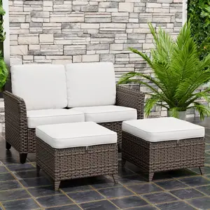 Ocean Vista Outdoor Wicker Loveseat Sofa with 2 Ottomans, Set of 3