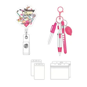 Nurse Badge Scroll Set with Clips, Stretch ID Card Holder, Nurse Pen Light, Highlighter, Transparent Card Protector, Practical Gift Kit