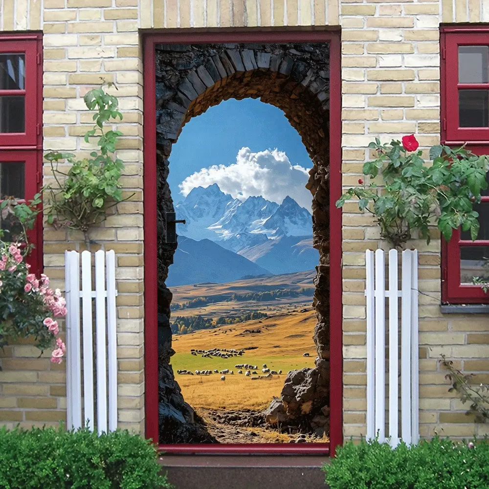 2pcs Vintage Stone Archway Landscape Wall Sticker Snow Mountain Grassland Sheep Herd Decorative Decal Self Adhesive Mural for Living Room BedroomWall Art Removable Eco Friendly Material Collage Self-Adh