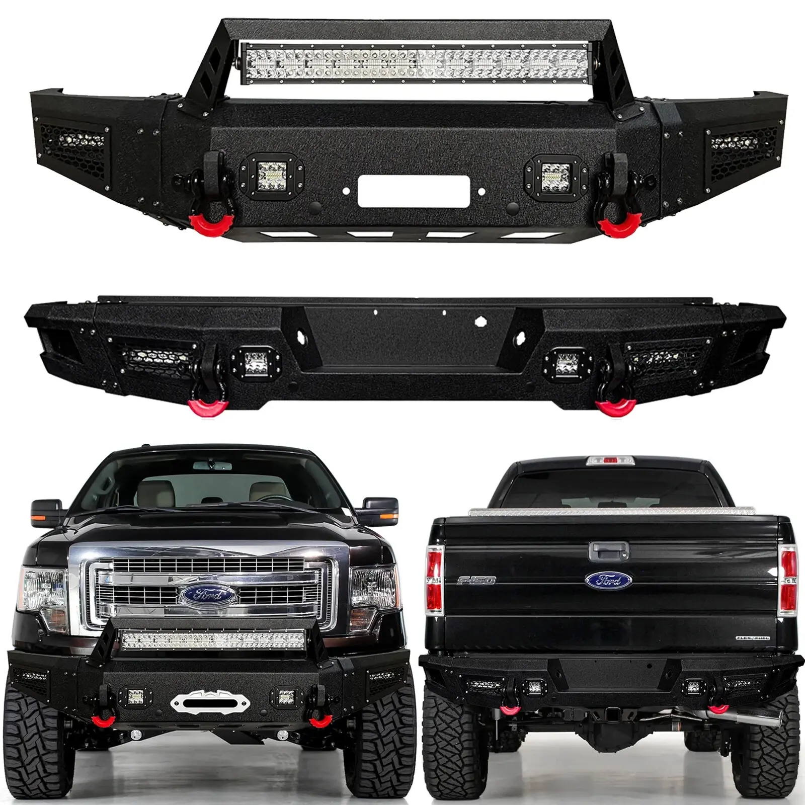 Share Vijay Heavy Duty Front/Rear Bumper for 2009-2014 12th Gen Ford F150, w/LED Lights, 1x144W LED Lights, 2x4.75-T D-Rings, 30 Days Money Back Guarantee, Awesome Customer Service