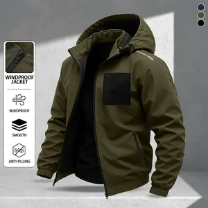 Men's windproof jacket with hood, full zipper, lightweight, smooth softshell coat, anti-pilling fabric, front zipper pocket on chest and side pockets, suitable for hiking, running, traveling, and everyday outdoor windproof wear